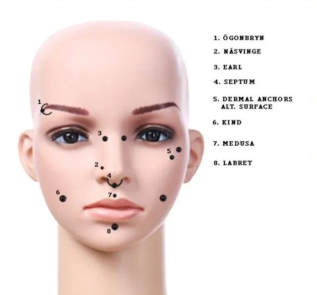Diagram över piercingplaceringar i ansiktet